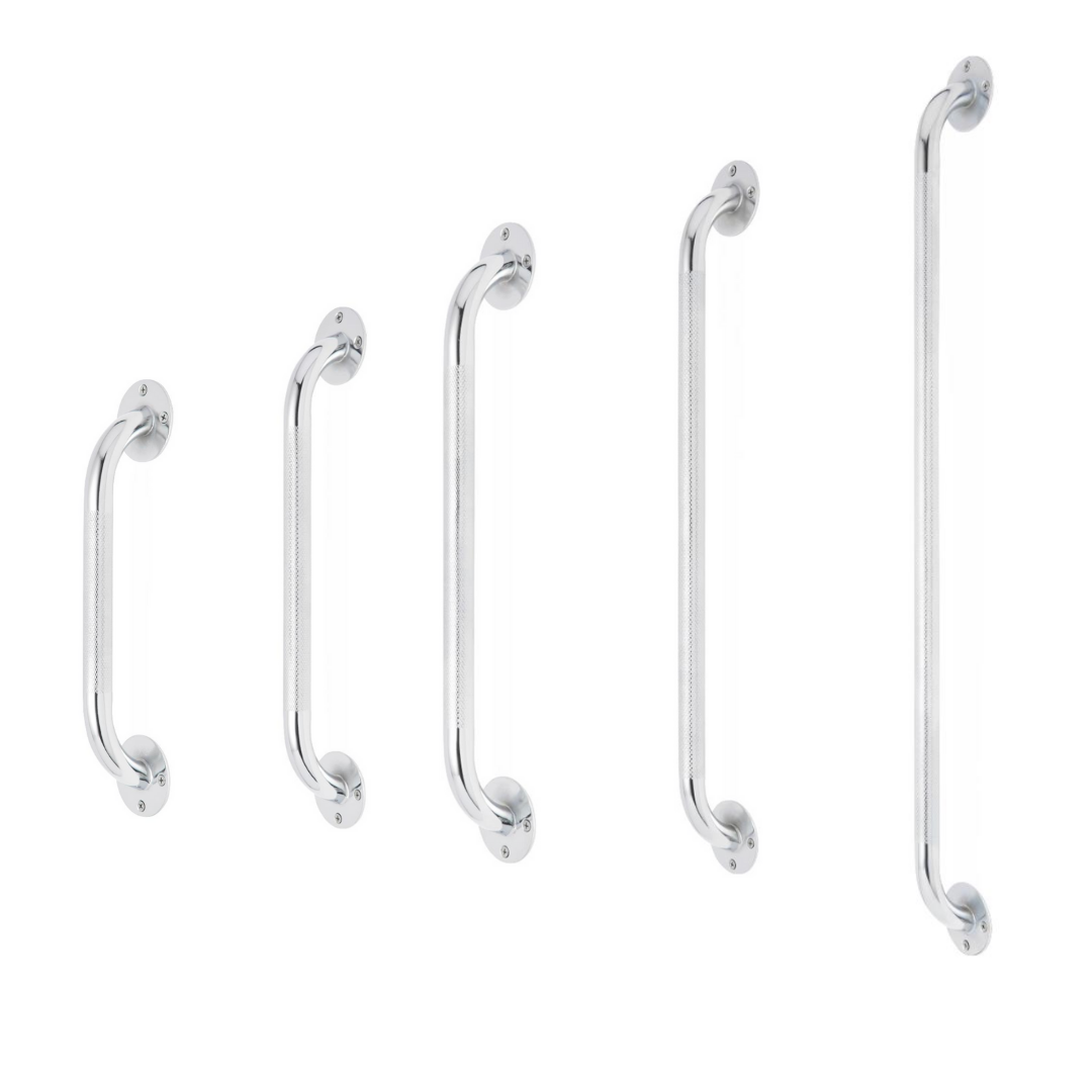 Five Medline Knurled Chrome Grab Bars - Fall Prevention Bars of different lengths are arranged from shortest to longest, each featuring a non-slip knurled surface and rounded mounting plates, set against a white background.